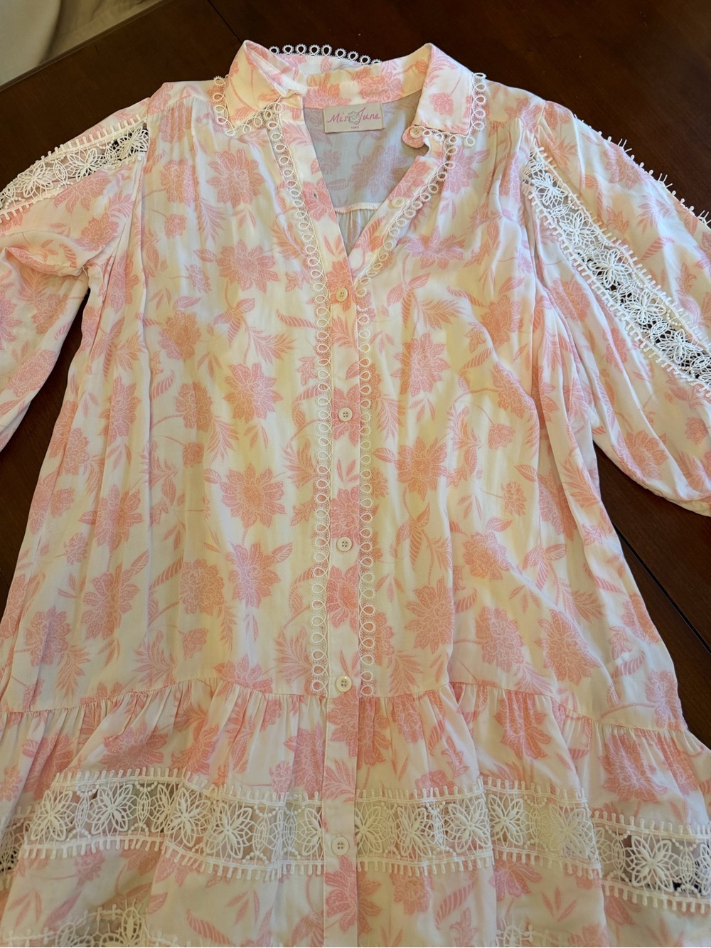 Miss June Paris Light Pink & White Floral Eyelet Long Sleeve Dress - Picture 2 of 6